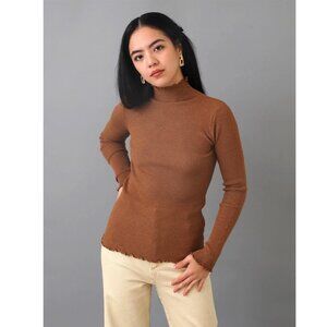 Stretchy Brown Ribbed Knit Lettuce Trim Sweater Top